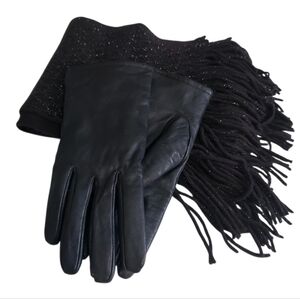 Women's Leather Black Gloves / Black Metallic Scarf